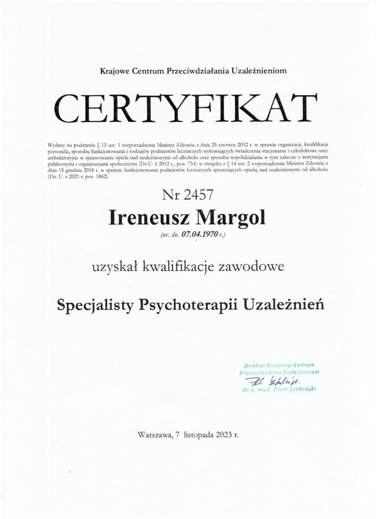 Certyfikat- Irek Margol - Terapeuta uzależnień