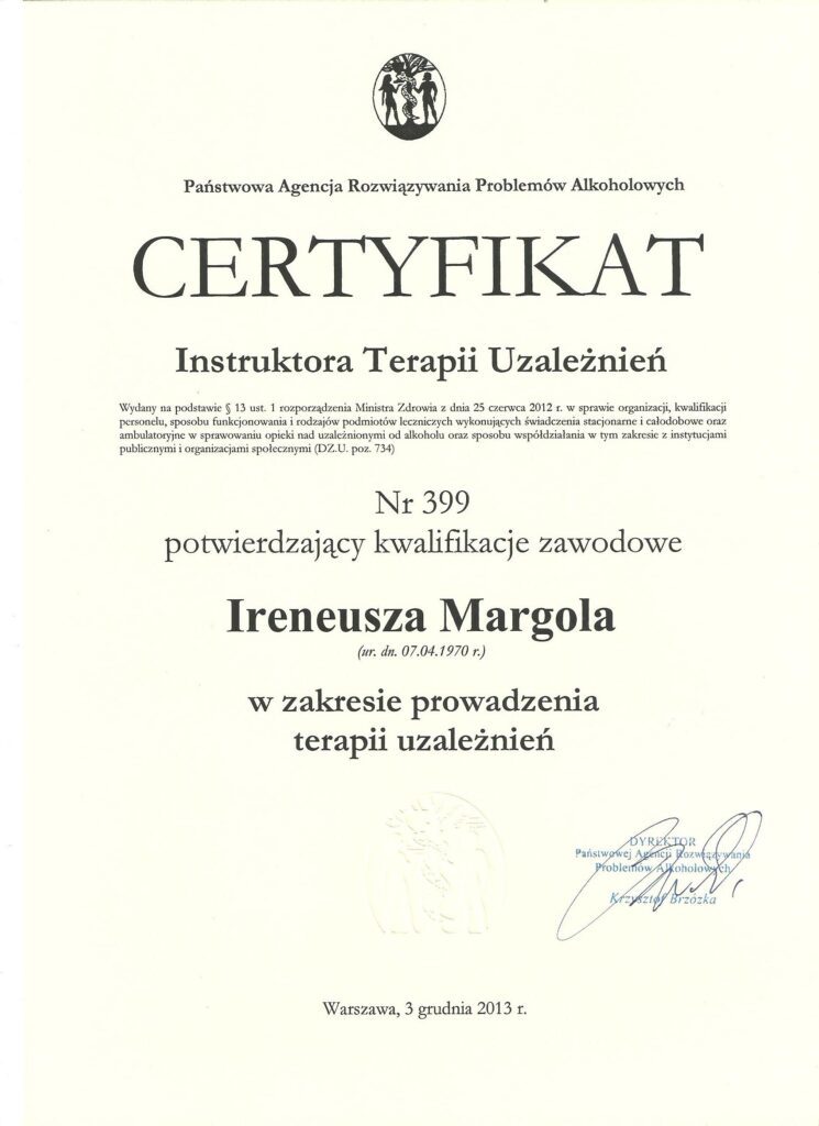 Certyfikat- Irek Margol - Terapeuta uzależnień