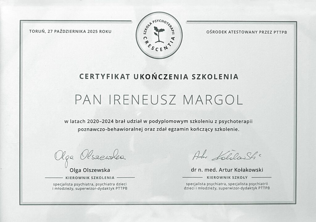 Certyfikat- Irek Margol - psychoterapia poznawczo-behawioralna