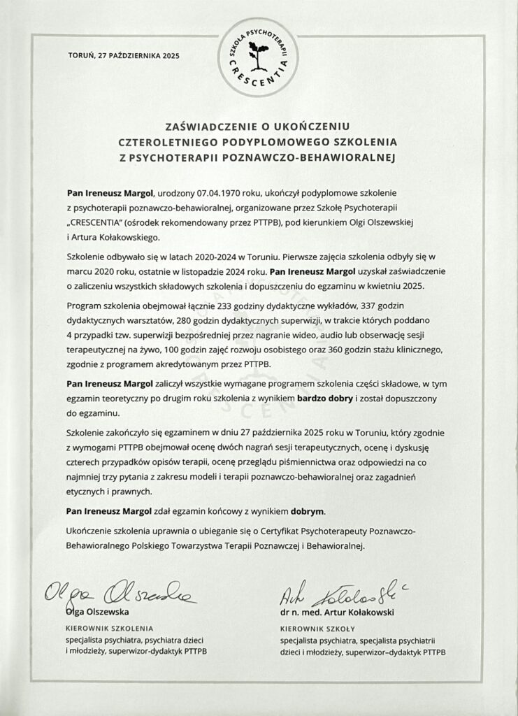 Certyfikat- Irek Margol - psychoterapia poznawczo-behawioralna